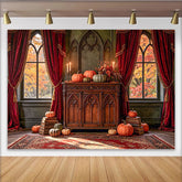 Lofaris Autumn Backdrop with Pumpkins, Red Curtains and Gothic Windows, Rustic Wooden Cabinet Photo Background for Fall Event Decoration