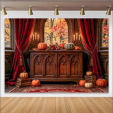 Lofaris Gothic Pumpkin Halloween Backdrop with Red Velvet Curtains, Vintage Wooden Cabinet Background for Autumn Party Decor