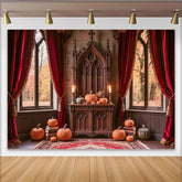 Celebrate Gothic Castle Halloween Backdrop with Pumpkins, Vintage Red Curtain Background for Autumn Holiday Party