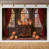 Lofaris Gothic Window Autumn Thanksgiving Backdrop with Pumpkins, Vintage Room Background Banner for Holiday Party Decor