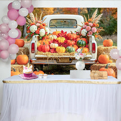 Celebrate Rustic Autumn Harvest Backdrop with White Pumpkin Truck, Beautiful Fall Thanksgiving Background for Studio Photo Booth