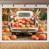 Celebrate Rustic Autumn Harvest Backdrop with White Pumpkin Truck, Beautiful Fall Thanksgiving Background for Studio Photo Booth