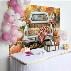 Celebrate Rustic Autumn Backdrop with Vintage Truck and Pumpkins, Harvest Thanksgiving Background for Fall Portrait Photoshoot