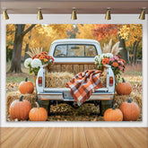 Celebrate Rustic Autumn Backdrop with Vintage Truck and Pumpkins, Harvest Thanksgiving Background for Fall Portrait Photoshoot