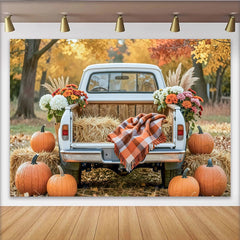 Celebrate Rustic Autumn Backdrop with Vintage Truck and Pumpkins, Harvest Thanksgiving Background for Fall Portrait Photoshoot
