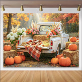 Lofaris Vintage White Truck Autumn Harvest Backdrop with Pumpkins and Hay, Rustic Farmhouse Photography Background for Fall Party Decor