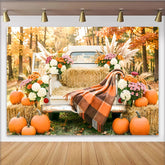 Lofaris Vintage Truck Autumn Backdrop with Pumpkins, Hay Bales and Fall Flowers, Rustic Harvest Photography Prop for Party Decor