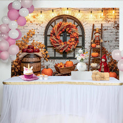 Capture Rustic Autumn Brick Wall Photography Backdrop with Pumpkin, Beautiful Fall Maple Wreath Background for Studio Portrait