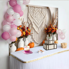 Celebrate Boho Autumn Backdrop with Macrame and Orange Pumpkins, Rustic Floral Background for Thanksgiving Photoshoot