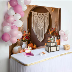 Celebrate Boho Autumn Pumpkin Thanksgiving Backdrop for Family Party, Rustic Macrame and Floral Photo Background Banner