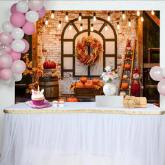 Celebrate Rustic Autumn Thanksgiving Backdrop with Pumpkins and Wreath, Cozy Fall Harvest Background for Studio Photo Booth