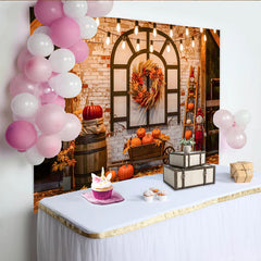 Celebrate Rustic Autumn Thanksgiving Backdrop with Pumpkins and Wreath, Cozy Fall Harvest Background for Studio Photo Booth