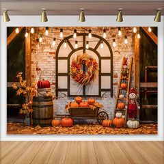 Celebrate Rustic Autumn Thanksgiving Backdrop with Pumpkins and Wreath, Cozy Fall Harvest Background for Studio Photo Booth