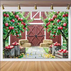 Capture Red Barn Autumn Apple Orchard Backdrop for Portrait, Rustic Farmhouse Background with Hay Bales and Crates