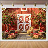 Lofaris Rustic Red Barn Autumn Backdrop for Harvest Photoshoot, Apple Orchard Background with Hay Bales and Wooden Crates