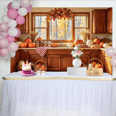 Celebrate Cozy Autumn Kitchen Thanksgiving Backdrop with Pumpkins, Warm Wooden Cabinets Background for Holiday Party Decor