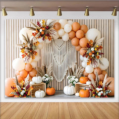 Celebrate Boho Autumn Backdrop with Pumpkins and Balloons for Portrait, Rustic Wood Background for Thanksgiving Party Decor