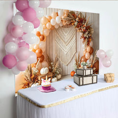 Celebrate Boho Autumn Pumpkin Thanksgiving Backdrop for Fall Harvest, Rustic Wood Wall Background with Balloon Arch and Macrame