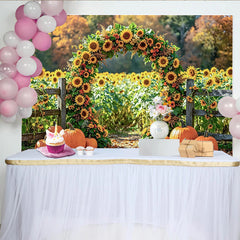 Lofaris Vibrant Sunflower Pumpkin Archway Thanksgiving Backdrop with Fall Leaves, Seasonal Photography Background for Harvest Decor