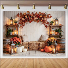 Capture Rustic Wood Autumn Backdrop with Pumpkins and Hay Bales, Cozy Fall Barn Background for Studio Portrait