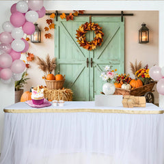 Lofaris Autumn Harvest Holiday Backdrop with Pumpkins, Hay Bales and Mint Barn Door, Rustic Fall Photography Background for Seasonal Decor