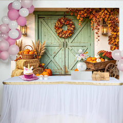 Lofaris Rustic Autumn Backdrop with Green Barn Door, Pumpkins, and Fall Leaves, Harvest Festival Photography Background for Thanksgiving Decor
