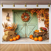 Lofaris Rustic Autumn Backdrop with Green Barn Door, Pumpkins, and Fall Leaves, Harvest Festival Photography Background for Thanksgiving Decor