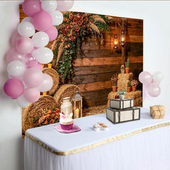 Lofaris Rustic Wood Photography Backdrop with Hay Bales and Flowers, Farmhouse Country Studio Background for Portrait Photoshoot