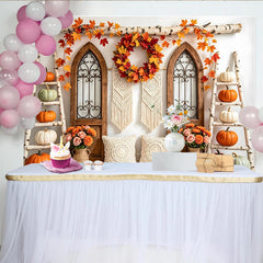 Lofaris Rustic Autumn Thanksgiving Backdrop with Pumpkins and Fall Leaves, Farmhouse Style Photo Background for Fall Harvest Party Decor