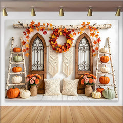 Lofaris Rustic Autumn Thanksgiving Backdrop with Pumpkins and Fall Leaves, Farmhouse Style Photo Background for Fall Harvest Party Decor