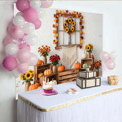 Lofaris Rustic Autumn Thanksgiving Backdrop with White Brick Wall, Pumpkins and Sunflower Wreath, Cozy Fall Harvest Photography Background