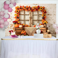 Lofaris Rustic Autumn Holiday Backdrop with Distressed Window, Maple Leaves and Pumpkins, Cozy Fall Harvest for Thanksgiving Party Decor
