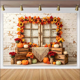 Lofaris Rustic Autumn Holiday Backdrop with Distressed Window, Maple Leaves and Pumpkins, Cozy Fall Harvest for Thanksgiving Party Decor