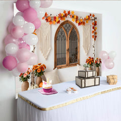 Lofaris Rustic Autumn Photography Backdrop with Arched Window and Fall Leaves, Cozy Studio Background for Portrait Photoshoot and Event Decor.