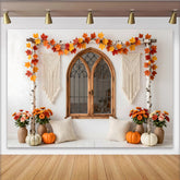 Lofaris Rustic Autumn Photography Backdrop with Arched Window and Fall Leaves, Cozy Studio Background for Portrait Photoshoot and Event Decor.