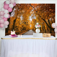 Lofaris Golden Autumn Forest Photography Backdrop with Paved Path, Vibrant Natural Scenery Background for Fall Photoshoot