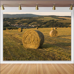 Lofaris Golden Sunset Countryside Hay Bales Autumn Backdrop, Rustic Farm Field Background for Outdoor Portrait