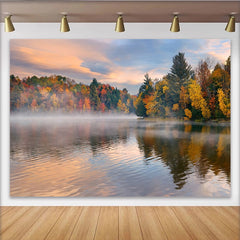 Lofaris Vibrant Autumn Lake Photography Backdrop with Misty Forest and Colorful Trees, Serene Nature Background for Studio Portrait