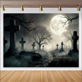 Lofaris Spooky Graveyard Halloween Backdrop with Full Moon and Misty Path, Eerie Cemetery Photography Background for Spooky Party Decor