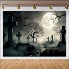 Lofaris Spooky Graveyard Halloween Backdrop with Full Moon and Misty Path, Eerie Cemetery Photography Background for Spooky Party Decor