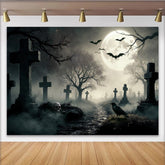 Lofaris Spooky Graveyard Halloween Backdrop with Full Moon and Flying Bats, Eerie Cemetery Scene for Party Decor and Photoshoot Props