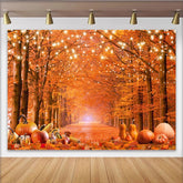 Lofaris Vibrant Autumn Forest Backdrop with String Lights and Pumpkins, Fall Harvest Photography Background for Thanksgiving Decor