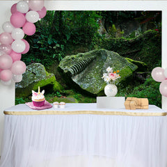 Lofaris Ancient Mossy Jungle Ruins Photography Backdrop with Spiral Carving, Green Forest Background for Studio Photoshoot