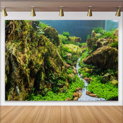 Lofaris Lush Green Mossy Rocks Natural Scenery Photography Backdrop, Detailed Aquascape Background for Studio Photoshoots