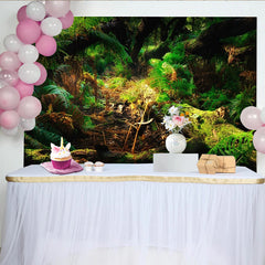 Lofaris Lush Green Forest Photography Backdrop with Mossy Logs and Ferns, Natural Woodland Background for Professional Portrait