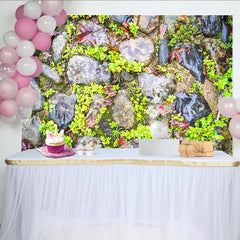 Lofaris Wet Natural Stone Photography Backdrop with Green Foliage and Fallen Leaves, Textured Studio Background for Portrait Photoshoot