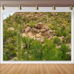 Lofaris Vibrant Green Desert Cactus Photography Backdrop with Rocks and Natural Landscape, Scenic Studio Background for Outdoor Photoshoot