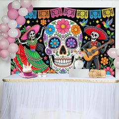 Lofaris Vibrant Mexican Fiesta Backdrop with Sugar Skull and Dancing Skeletons, Colorful Day of the Dead Party Decor