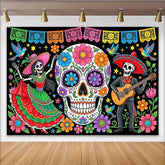 Lofaris Vibrant Mexican Fiesta Backdrop with Sugar Skull and Dancing Skeletons, Colorful Day of the Dead Party Decor