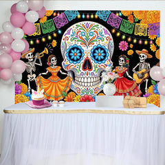 Lofaris Vibrant Mexican Fiesta Backdrop with Sugar Skull and Dancing Skeletons, Festive Party Background for Cultural Event Photography